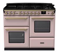 Rangemaster Estel Deluxe Offset Cavity ESDLO110DFPPPK/AB1 110cm Wide Pale Pink Dual Fuel Freestanding Range Cooker - Antique Brass Trim