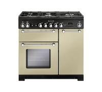 Rangemaster Kitchener KCH90DFFCR/C 90cm wide Dual Fuel Range Cooker with Gas Hob - Cream / Chrome - A/A Rated, Cream