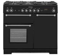 Rangemaster Kitchener KCH100DFFBL/C 100cm wide Dual Fuel Range Cooker with Gas Hob - Black/Chrome - A/A Rated