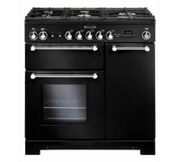 Rangemaster Kitchener KCH90DFFBL 90cm Wide Black Dual Fuel Freestanding Range Cooker - Chrome Trim