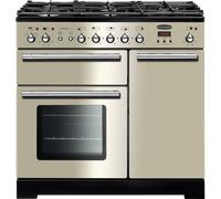 Rangemaster Toledo + TOLP90DFFIV/C 90cm wide Dual Fuel Range Cooker with Gas Hob - Ivory / Chrome - A Cream