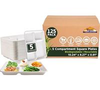 Rani 5 Compartment Square Biodegradable Divided Plates, Pack of 125 ~ Party, Thali, Buffet | Disposable & Eco-Friendly | Heavy-Duty Sturdy Paper Bagasse | Premium Quality | 10.24" x 8.27" x 0.91"