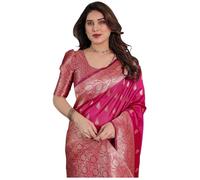 Rani Pink Pure Kanjivaram Silk Saree with Gold Leaf Buttas & Rich Floral Zari Border - 5.5m Saree + 0.8m Blouse Piece