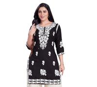 RANI SAAHIBA Women's Embroidered Rayon Chikankari Kurta, Black, 12