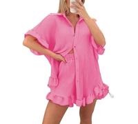 Ranian's Ladies Gold Button Pleated Frill Ruffle Shirt Shorts Two Piece Summer Co ord Set (Candy pink, One size 8-18)