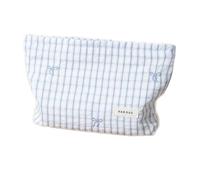 RANIT Floral Plaid Embroidered Canvas Makeup Bag - Large Capacity Travel Cosmetic Organizer Clutch with Zipper Closure, Portable Toiletry Pouch, Blue, L, Floral Plaid Embroidered Canvas Makeup Bag
