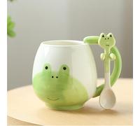 RANJIMA Frog Cup with Spoon, Ceramic Tea Cup, Coffee Cup, 420 ml, Cute Cartoon Frog Pattern Coffee Tea Cute Mug Cappuccino Cup Birthday Gift Women Friends Children