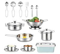 RANJIMA Mud Kitchen Accessories, Pack of 17 Stainless Steel Play Kitchen | Play Kitchen Accessories with Storage Box, Educational Toy for Kitchen and Food, Birthday Gifts, Christmas Gifts