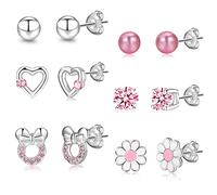 RANKEEF 6Pairs 925 Sterling Silver Earrings for Girls Silver Stud Earrings for Women Hypoallergenic Earrings Studs Earrings Sets for Teen Kids Toddler Pink Silver