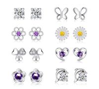 RANKEEF 8 Pairs Pink Stud Earrings for Girls 925 Sterling Silver Stud Sets Cute Kids Girl Earrings Heart Cubic Zirconia Hypoallergenic Sleeper Silver Earring for Girls