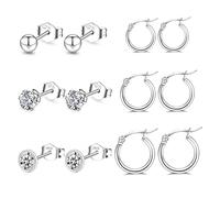 RANKEEF S925 Sterling Silver Stud Earrings, Silver Hoops Earrings for Women with Silver Stud Earrings Set 4/6/8 Pairs Small Cartilage Huggie Earring Star Moon Ball Heart CZ Studs, White,Gold,Silver