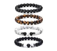 RANKEEF Tiger Eye Bracelet For Men 8MM Natural Stone Beads Bracelet Set Stretch Lava Rock Bracelets Adjustable Black Crystal Beaded Bracelet for Men Women Gifts
