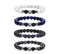 RANKEEF Tiger Eye Bracelet For Men 8MM Natural Stone Beads Bracelet Set Stretch Lava Rock Bracelets Adjustable Black Crystal Beaded Bracelet for Men Women Gifts