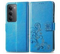 RankOne Leather Case for Redmi 15 (4G) / Redmi 15 5G (6.9 Inches), Wallet Case with 3 Card Slots, 1 Coin Pocket, Four-Leaf Clover Pattern - Blue