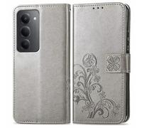 RankOne Leather Case for Redmi 15 (4G) / Redmi 15 5G (6.9 Inches), Wallet Case with 3 Card Slots, 1 Coin Pocket, Four-Leaf Clover Pattern - Grey