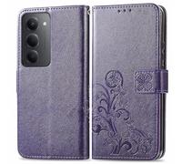 RankOne Leather Case for Redmi 15 (4G) / Redmi 15 5G (6.9 Inches), Wallet Case with 3 Card Slots, 1 Coin Pocket, Four-Leaf Clover Pattern - Dark Purple
