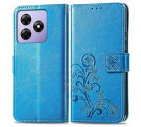 RankOne Leather Case for Smartphone, Compatible with Blackview Wave 8C / Wave 8 (6.56 Inches), Wallet Case with 3 Card Slots, 1 Coin Pocket, Four-Leaf Clover Pattern - Blue