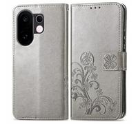 RankOne Leather Case for Vivo V60 5G (6.67 Inches), Wallet Case with 3 Card Slots, 1 Coin Pocket, Four-Leaf Clover Pattern - Grey