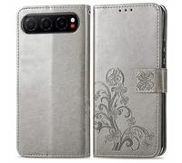 RankOne Leather Phone Case for Nubia Air (6.78" Inches), Wallet Case with 3 Card Slots 1 Coin Pocket Four Leaf Clover Pattern - Grey