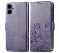 RankOne Leather Phone Case for Samsung Galaxy A06 (6.7" Inches), Wallet Case with 3 Card Slots 1 Coin Pocket Four Leaf Clover Pattern - Dark Purple