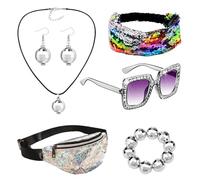 Ranley Lady Disco Accessories, 70s Disco Costume Set for Women | Disco Ball Earrings Necklace Bracelets - 6 Pieces/Set 60s 70s Dance Party Costume Accessories for Disco 70s Theme Party