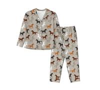 rannsut Cute Horse Print Women'S Pajama Set Long Sleeve Button Down Sleepwear Soft Sleepwear Loungewear, Black, M