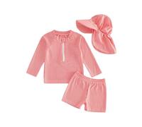 Rannyfol Toddler Swimsuit Rash Guard Set Baby Boy Swimming Costume Stripes Print Long Sleeve Zip Up Tops Swim Trunks Sunhat 3Pcs Swimwear Boys Bathing Suit