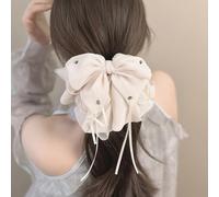 Rannyrena Large Chiffon Silk Hair Bow for Women Mesh Big Bows Hair Clips with Pearls Crystal Tulle Hair Barrettes Long Tail Bowknot Hair Accessories (Crystal White)