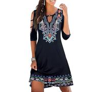 Ranphee Women Summer Dresses 2026 Spring Casual Elegant 3/4 Sleeve Cold Shoulder Tunic Floral Knee Length Dress with Pockets M