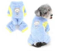 Ranphy Dog Fleece Pyjamas for Small Dogs Warm Colorblock Puppy Jumpsuit with D-Ring and Bear Pattern Soft Four-Leg Pullover Pjs Cozy Winter Autumn Pet Sleepwear Chihuahua Yorkie Cat Apparel Blue L