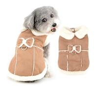 Ranphy Faux Suede Small Dog Coat, Cold Weather Warm Puppy Jacket with Bowknot and D-ring Fuzzy Collar Girls Winter Clothes Fleece Lined Pet Vest Chihuahua Yorkie Cat Apparel,Khaki,L