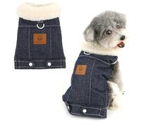 Ranphy Fleece Lined Denim Dog Coat for Small Dogs Solid Soft Puppy Jacket with D-Ring and Fuzzy Collar Warm Cozy Pet Vest Winter Autumn Clothes Chihuahua Yorkie Cat Apparel Dark Blue XS