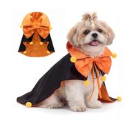 Ranphy Halloween Costume Vampire Cape with Bowtie for Dogs/Cats, Orange, S | Polyester Satin, Pom-Pom Trim, Tie-on Fit, Secure Leg Straps, Parties & Photos, Small Medium Large Dog, Fancy Dress Outfits