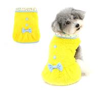 Ranphy Pet Plush Fleece Dress for Xsmall Small Dogs and Cats, Warm Sleeveless Pullover Skirt with Bow and Floral Collar, Soft Autumn Winter Outfit for Puppy Kitten Chihuahua Yorkie Clothes,Yellow,S