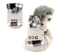 Ranphy Plaid Fuzzy Hooded Dog Fleece Jumper for Xsmall Small Breeds, Warm Sleeveless Pullover with D-Ring and Pocket, Winter Hoodie Outfit for Puppy Kitten Cat Chihuahua Yorkie Clothes,Grey,M