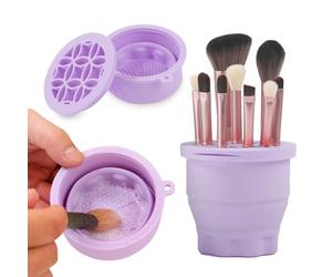 Ranphykx Makeup Brushes Cleaner Mat with Brush Storage Holder, Folding Portable Washing Tool for Makeup Cleaning, 2 In 1 Silicone Brush Cleaner Pad & Cosmetic Organizer Rack (Purple)
