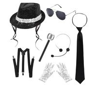 ranrann 80s 90s Disco Dancer Costume For Stage Sequin Gloves Black Fedora Hat Sunglass Cosplay Party Halloween Type B One Size