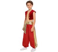 ranrann Boys Arabian Prince Uniform Open Front Waistcoat Vest Metallic Harem Pants Street Rat Outfit Red 9-10 Years