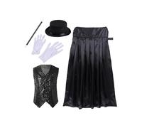 ranrann Child Halloween Magician Outfit 5-Piece Cloak Cape with Suit Vest, Hat, Gloves, Magic Wand Set Black 15-16 Years