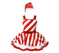 ranrann Christmas Girls Candy Cane Outfit Sequin Striped Ballet Leotards Tutu Dance Dress & Santa Hat Red 3-4 Years
