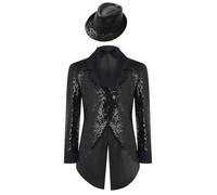 ranrann Circus Boys Magician Outfit Shiny Long Sleeve Lapel Tailcoat Jacket with Sequin Hat and Bow Tie Black 15-16 Years
