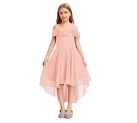 ranrann Girls Elegant Off Shoulder Dress Pleated A-Line Asymmetric Chiffon Wedding Party Flower Girl Dress Orange Pink 11-12 Years