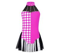 ranrann Girls Sparkle Clown Jumpsuit Carnival Fancy Party Creepy Clown Outfit Checkered Leotard Skirt Hot Pink 5-6 Years
