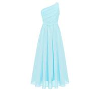 ranrann Kids Flower Girls One Shoulder Chiffon Dress A-Line Sleeveless Guipure Lace Maxi Formal Dresses Light Blue 11-12 Years