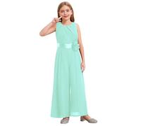 ranrann Kids Flower Girls Ruffled Chiffon Jumpsuit Sleeveless High Waist Wide Leg Long Pants Romper Mint Green 13-14 Years