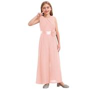 ranrann Kids Flower Girls Ruffled Chiffon Jumpsuit Sleeveless High Waist Wide Leg Long Pants Romper Pink 15-16 Years