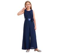 ranrann Kids Flower Girls Ruffled Chiffon Jumpsuit Sleeveless High Waist Wide Leg Long Pants Romper Navy Blue 13-14 Years