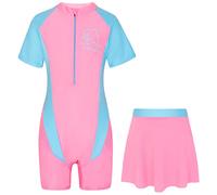 ranrann Kids Girls One Piece Swimming Costume Short Sleeves Rash Guard Surfing Swimsuits with Skirts Pink 12-14 Years
