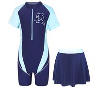 ranrann Kids Girls One Piece Swimming Costume Short Sleeves Rash Guard Surfing Swimsuits with Skirts Navy Blue 12-14 Years