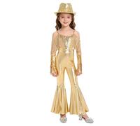 ranrann Kids Girls Sparkly Disco Dance Outfits Sequin Tassel Flared Jumpsuit with Gloves and Hat 3Pcs Gold 15-16 Years